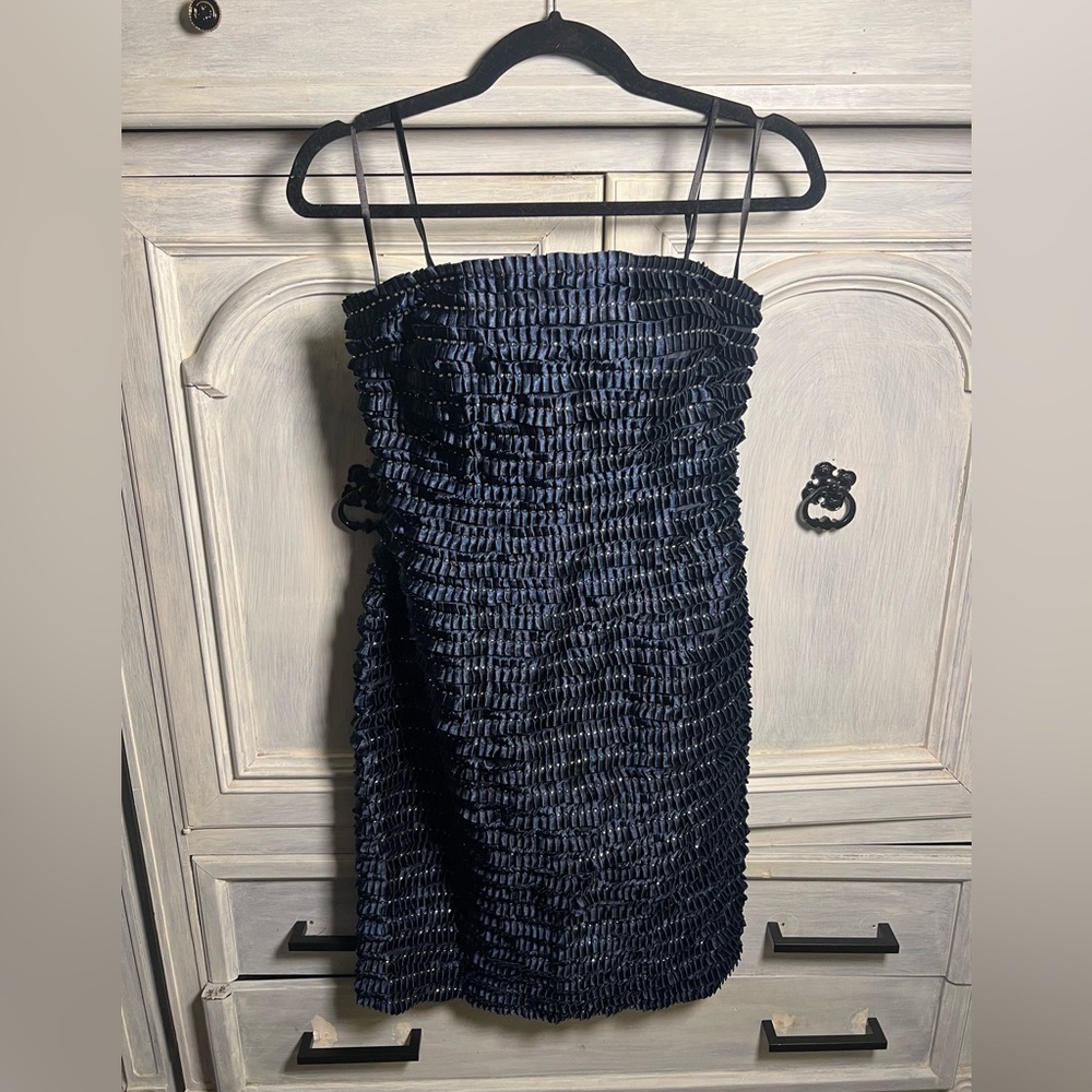Formal Terani Couture Navy Strapless Ribbon Textured Beaded Cocktail Dress